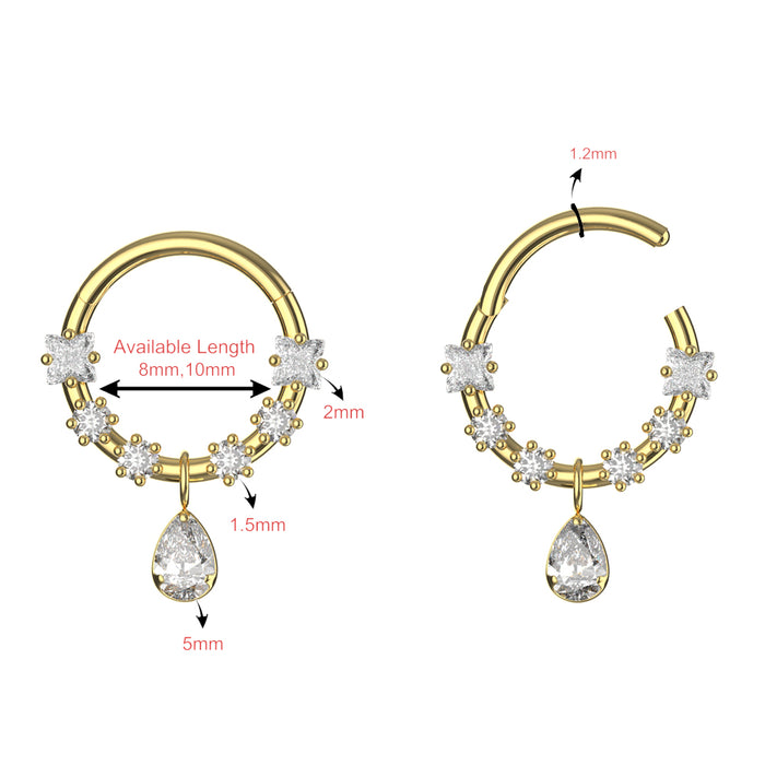 316L Surgical Steel CZ Jewelled and Pear Drop Dangle Hinged Segment Clicker - Monster Piercing