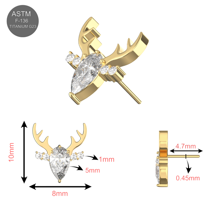 G23 Titanium Clear CZ Jewelled Deer Threadless Pin Top - Monster Piercing