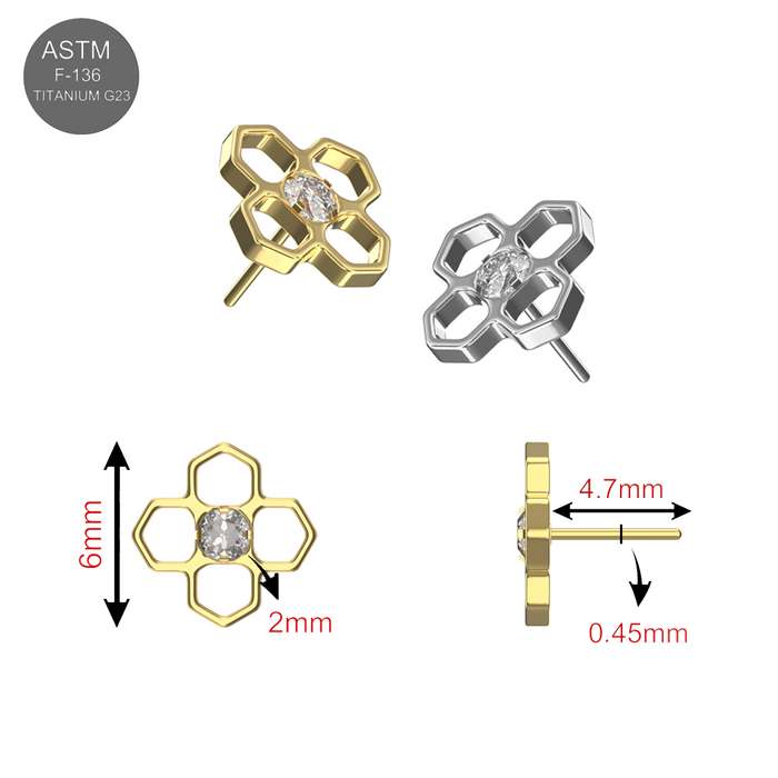 Gold and silver flower CZ titanium stud earrings with measurements