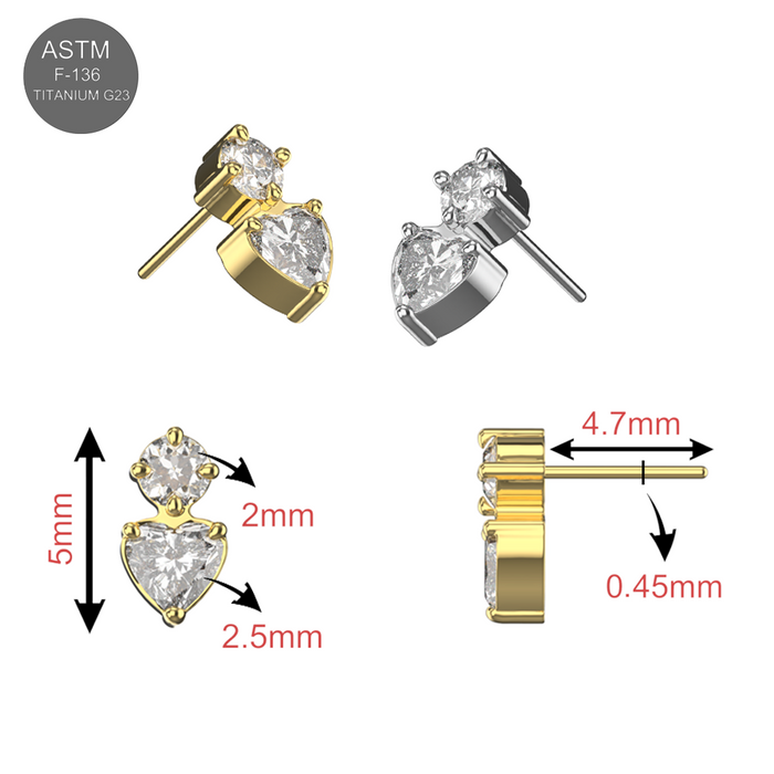 G23 Titanium Heart & Round CZ Jewelled Threadless Top
