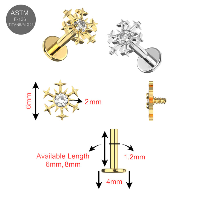 G23 Titanium Snowflake CZ Top With Internal Thread Base Labret - Monster Piercing