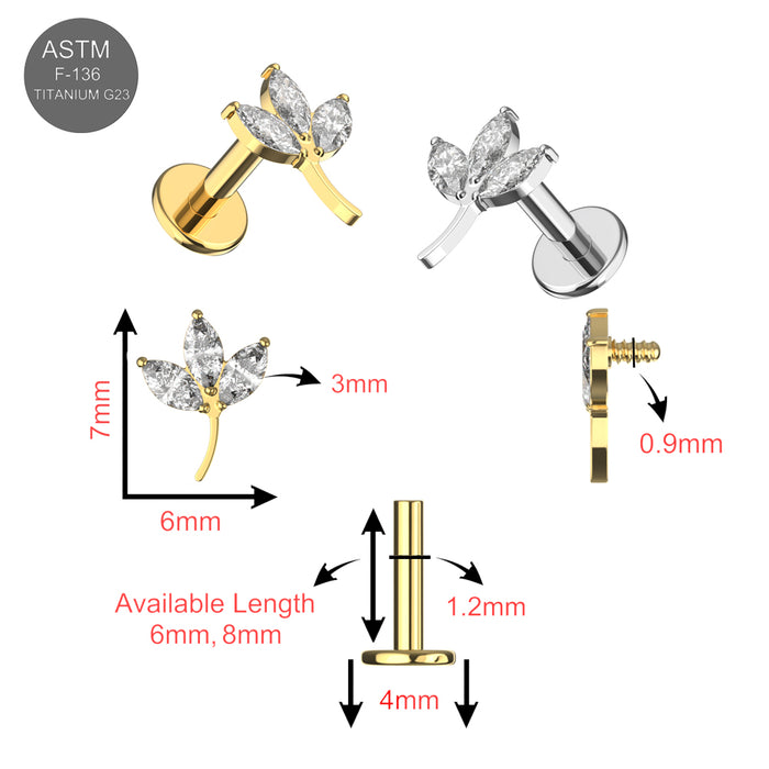 G23 Titanium Leaf CZ Top With Internal Thread Base Labret - Monster Piercing