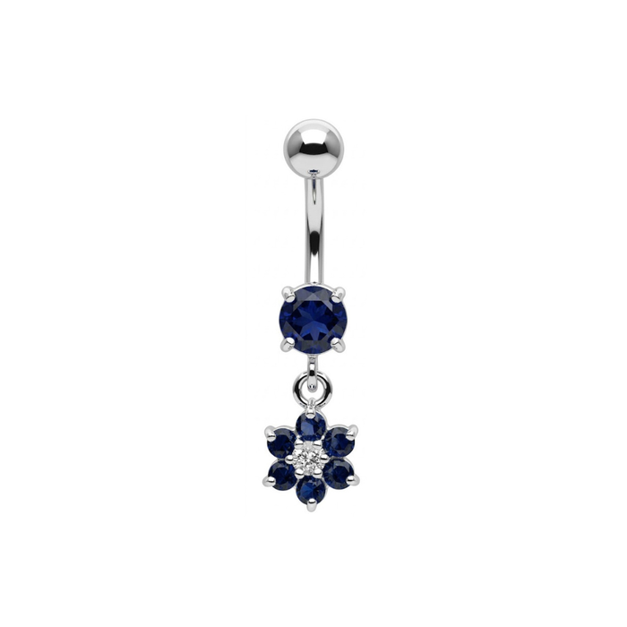 925 Sterling Silver Dangling CZ Jewelled Flower Belly Bar