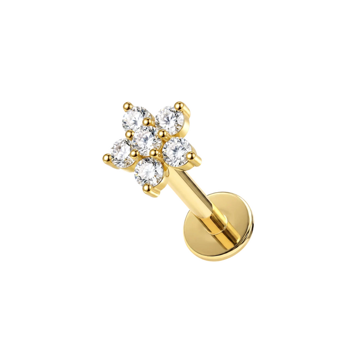 14K Gold CZ Daisy Flower Top With Internal Thread Base Labret