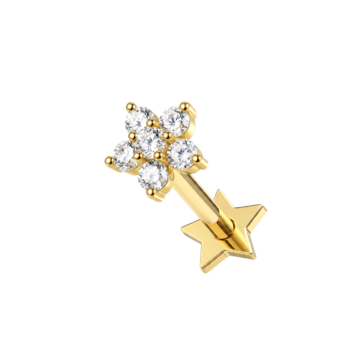 14K Gold CZ Daisy Flower Top With Internal Thread Base Labret