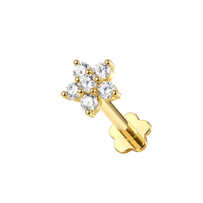 14K Gold CZ Daisy Flower Top With Internal Thread Base Labret