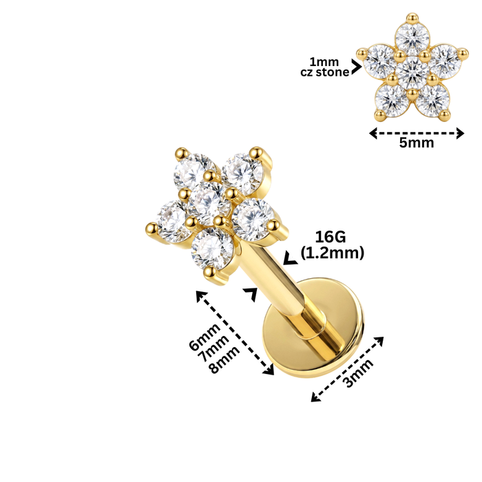 14K Gold CZ Daisy Flower Top With Internal Thread Base Labret