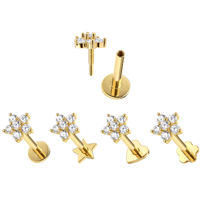 14K Gold CZ Daisy Flower Top With Internal Thread Base Labret