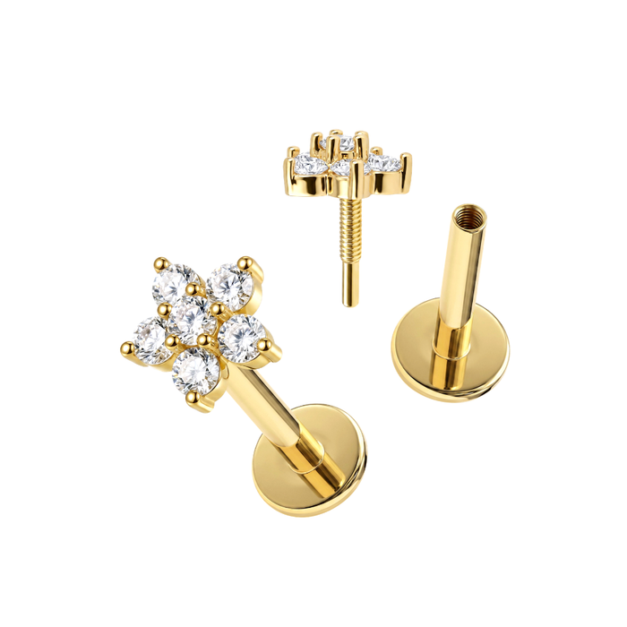 14K Gold CZ Daisy Flower Top With Internal Thread Base Labret