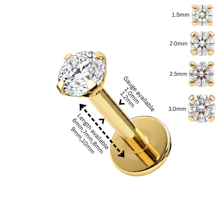 14K Solid Gold CZ Labret Stud with Titanium Flat Back