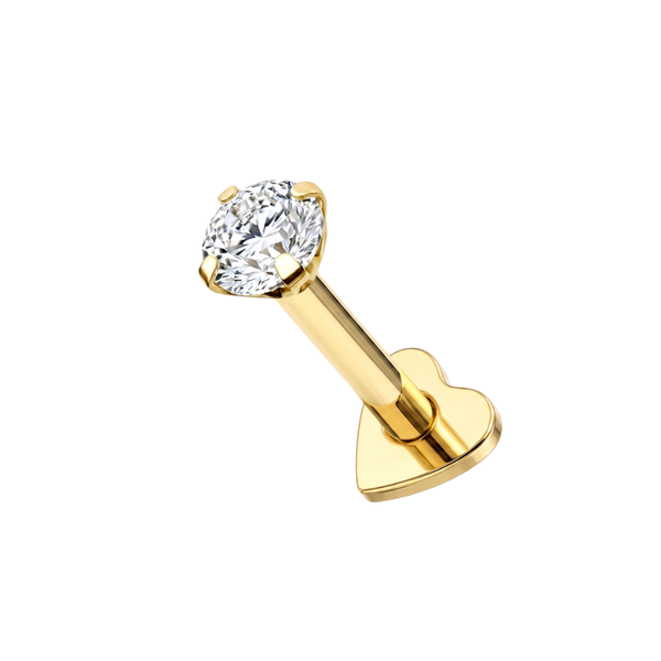 14K Solid Gold CZ Labret Stud with Titanium Heart Back
