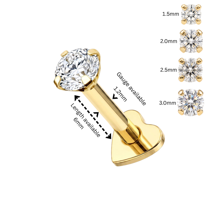 14K Solid Gold CZ Labret Stud with Titanium Heart Back