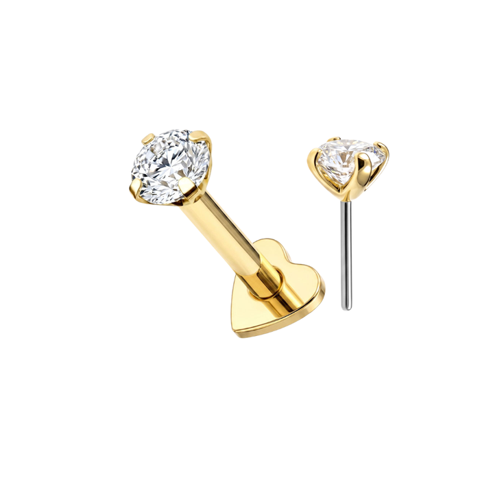 14K Solid Gold CZ Labret Stud with Titanium Heart Back