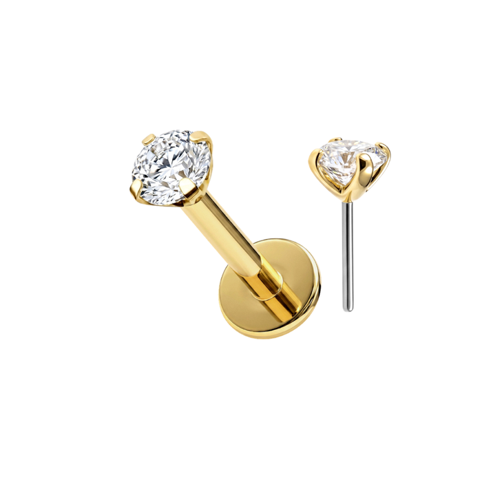 14K Solid Gold CZ Labret Stud with Titanium Flat Back
