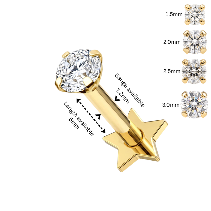 14K Solid Gold CZ Labret Stud with Titanium Star Back