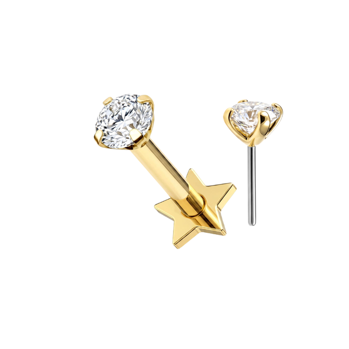 14K Solid Gold CZ Labret Stud with Titanium Star Back