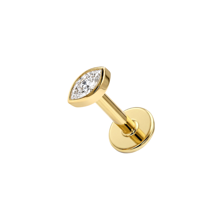 14K Solid Gold Bezel Marquise CZ Labret Stud with Titanium Flat Back