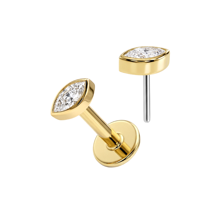 14K Solid Gold Bezel Marquise CZ Labret Stud with Titanium Flat Back