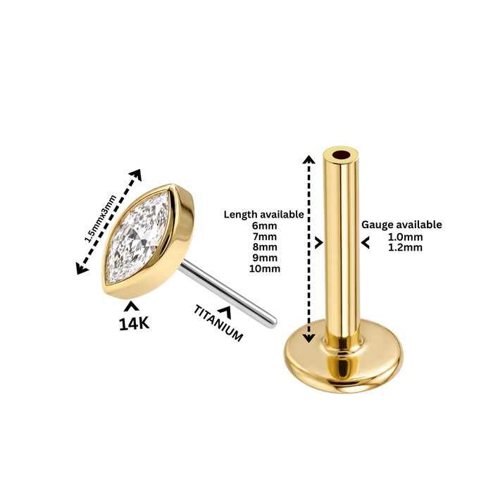 14K Solid Gold Bezel Marquise CZ Labret Stud with Titanium Flat Back