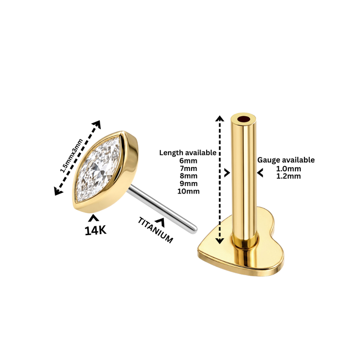 14K Solid Gold Bezel Marquise CZ Labret Stud with Titanium Heart Back