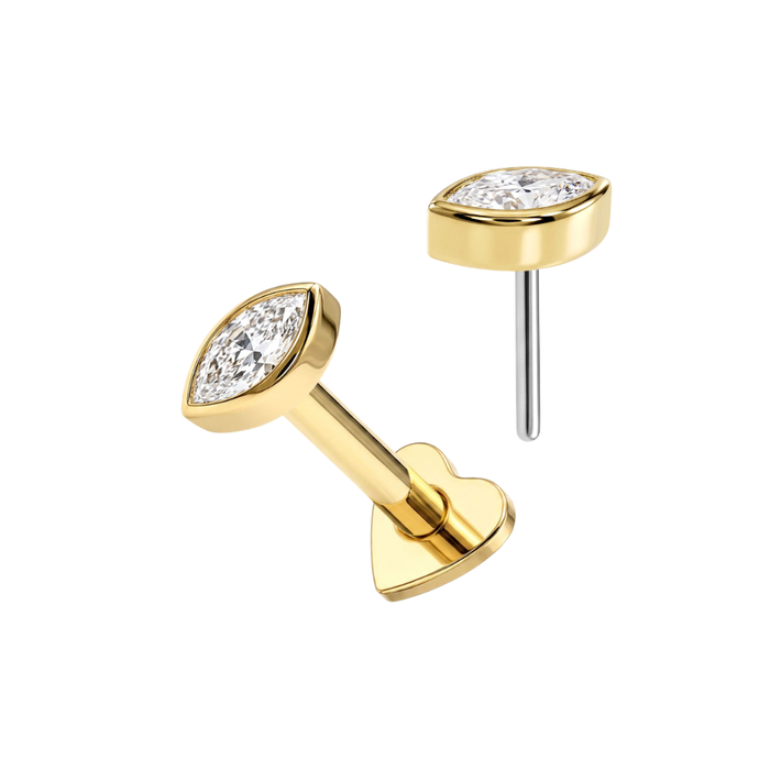 14K Solid Gold Bezel Marquise CZ Labret Stud with Titanium Heart Back