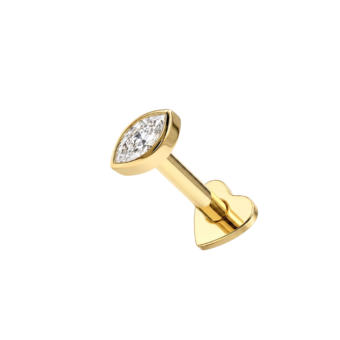 14K Solid Gold Bezel Marquise CZ Labret Stud with Titanium Heart Back