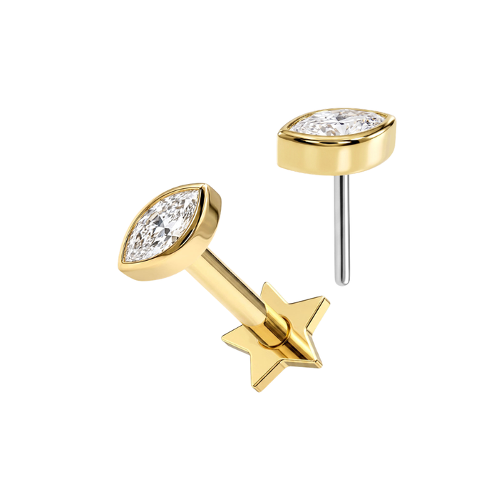 14K Solid Gold Bezel Marquise CZ Labret Stud with Titanium Star Back