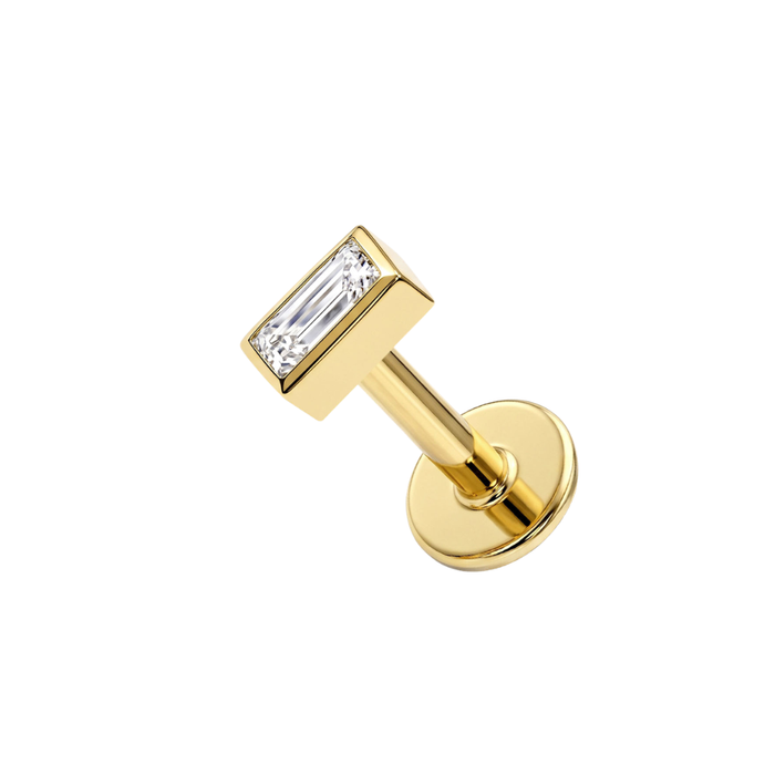 14K Solid Gold Bezel Baguette CZ Labret Stud with Titanium Flat Back
