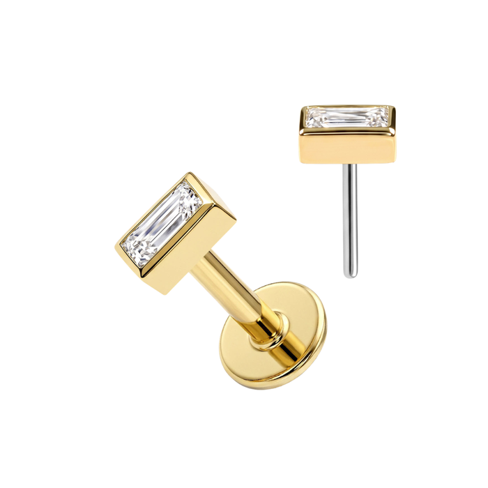 14K Solid Gold Bezel Baguette CZ Labret Stud with Titanium Flat Back