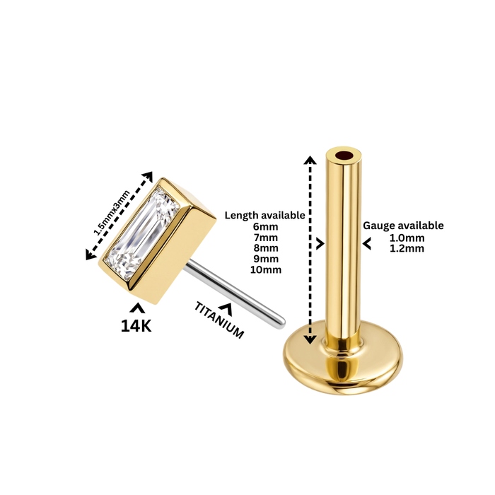 14K Solid Gold Bezel Baguette CZ Labret Stud with Titanium Flat Back