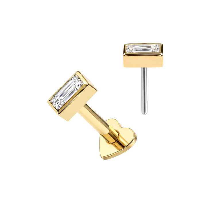 14K Solid Gold Bezel Baguette CZ Labret Stud with Titanium Heart Back