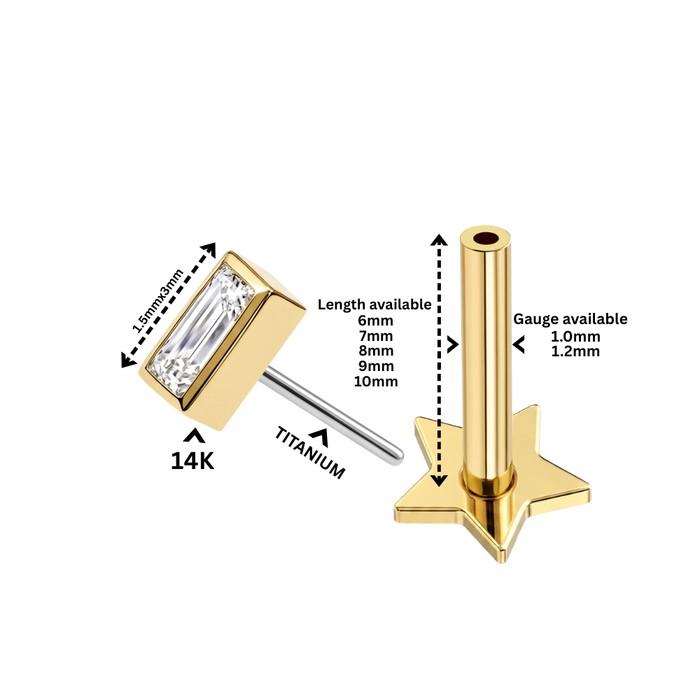 14K Solid Gold Bezel Baguette CZ Labret Stud with Titanium Star Back