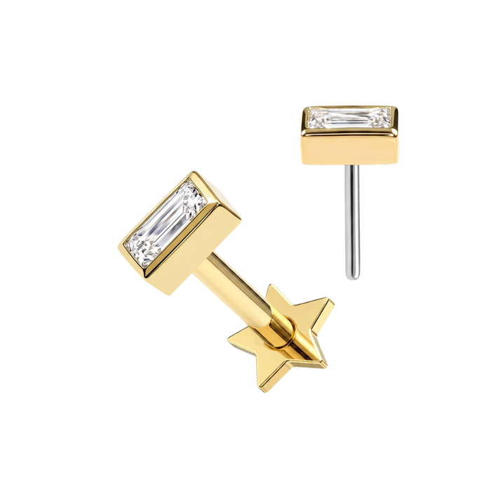 14K Solid Gold Bezel Baguette CZ Labret Stud with Titanium Star Back