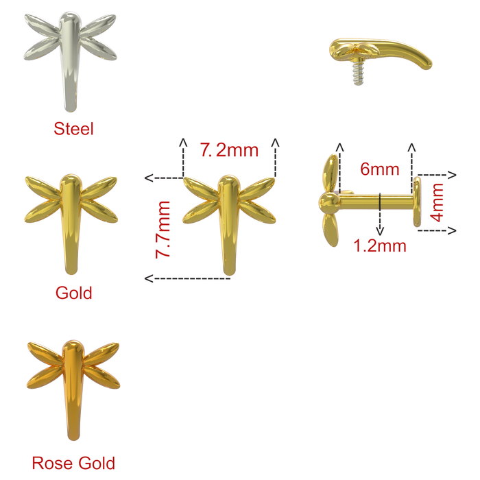 316L Surgical Steel Dragon Fly Internally Threaded Flatback Stud