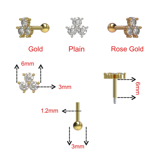 316L Surgical Steel Tri CZ Jewelled Internally Threaded Top with Ball - Monster Piercing