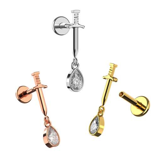 316L Surgical Steel Sword with Dangling CZ Tear Drop Flatback Stud - Monster Piercing