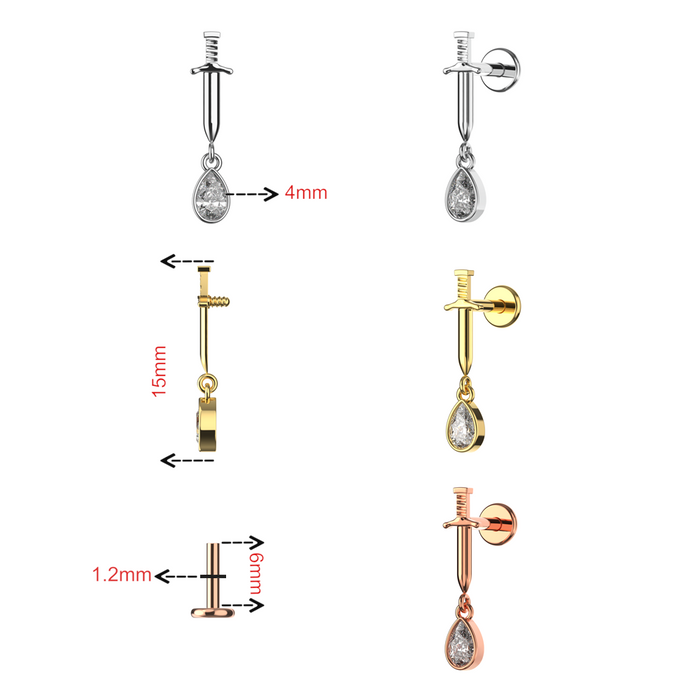316L Surgical Steel Sword with Dangling CZ Tear Drop Flatback Stud - Monster Piercing