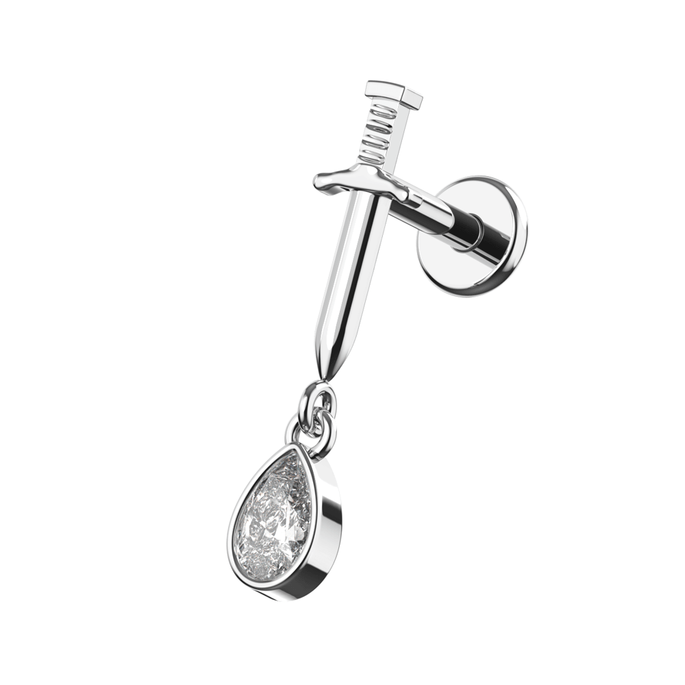 316L Steel Sword with CZ Tear Drop Flat Back Stud — Monster Piercing