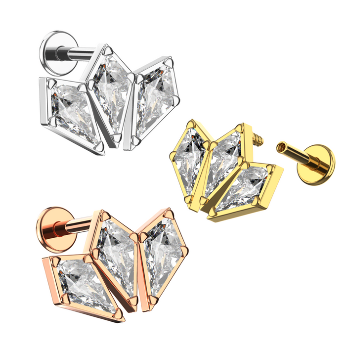 316L Surgical Steel Triple CZ Jewelled Coffin Design Internally Threaded Flatback Stud - Monster Piercing