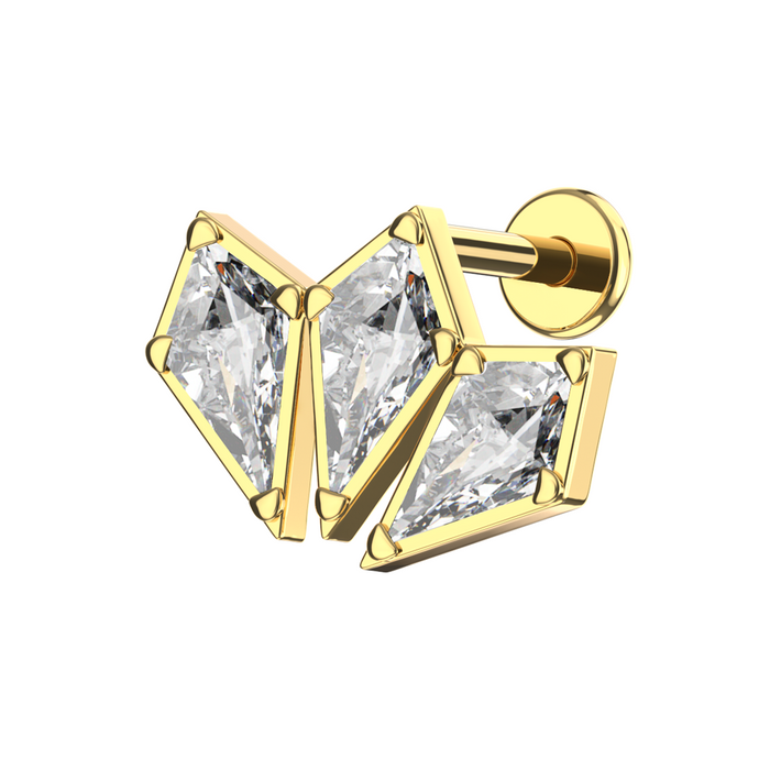 316L Surgical Steel Triple CZ Jewelled Coffin Design Internally Threaded Flatback Stud - Monster Piercing