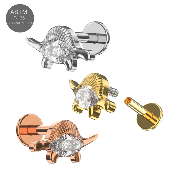G23 Titanium Marquise CZ Jewelled Stegosaurus Internally Threaded Flatback Stud - Monster Piercing