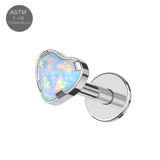 Heart Opal Jewelled Flat Back Stud in G23 Titanium with iridescent white opal, designed for cartilage and labret piercings.