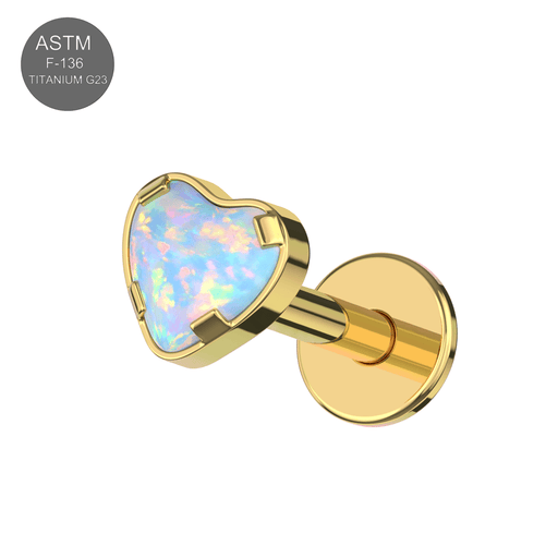 Gold-tone Heart Opal Jewelled Flat Back Stud in G23 Titanium with white opal, offering a luxurious hypoallergenic body jewelry option.