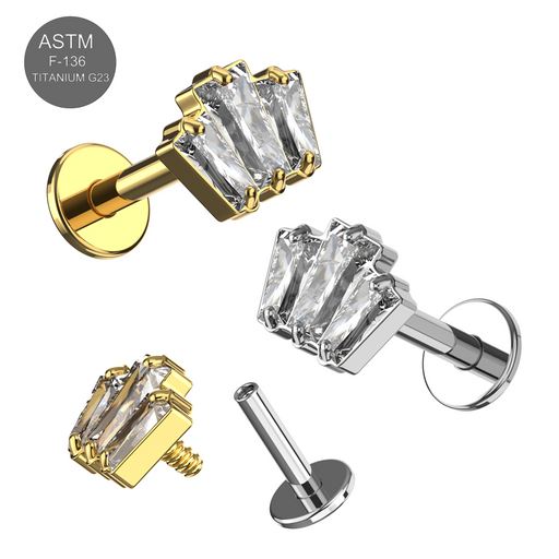 G23 Titanium Triple CZ Baguette Jewelled Internally Threaded Flatback Stud - Monster Piercing