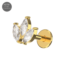 G23 Titanium Marquise CZ Jewelled Leaf Set Internally Threaded Flatback Stud Plain Gold Rose Gold