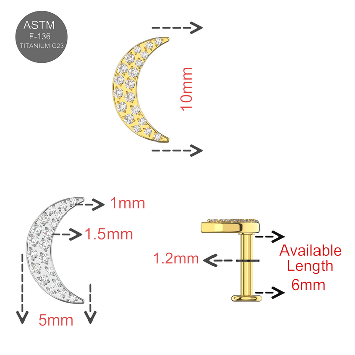 G23 Titanium CZ Jewelled Crescent Internally Threaded Flatback Stud - Monster Piercing