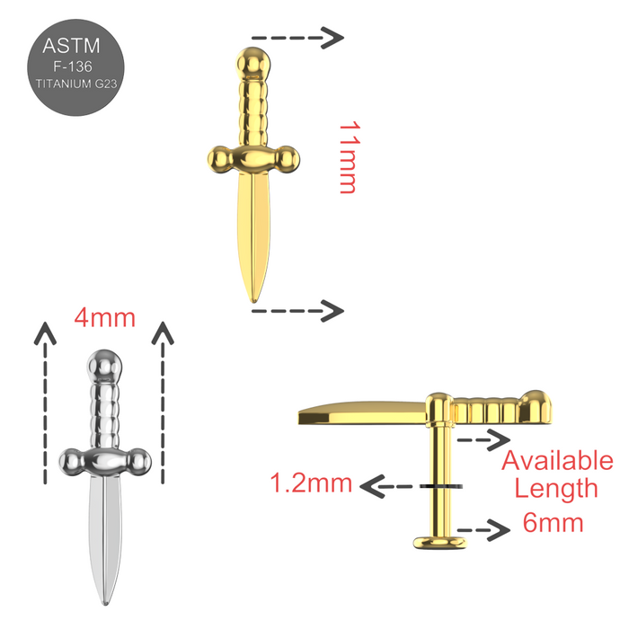 G23 Titanium Dagger Internally Threaded Flat-Back Stud - Monster Piercing