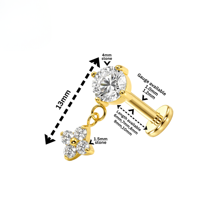 G23 Titanium CZ Jewelled Dangling Flower Threadless Flatback Stud
