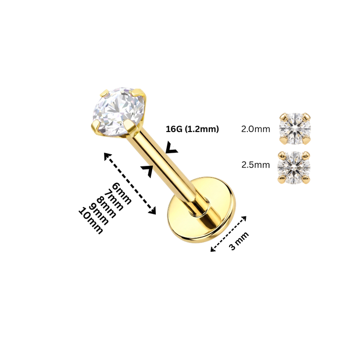 14K Gold Claw-Set Natural Diamond Threadless Flatback Stud