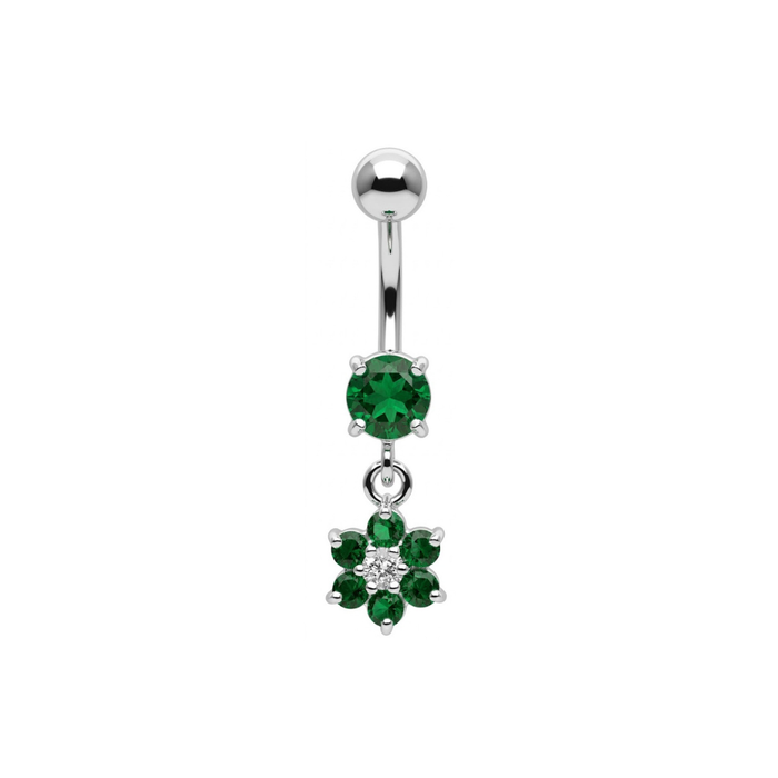 925 Sterling Silver Dangling CZ Jewelled Flower Belly Bar